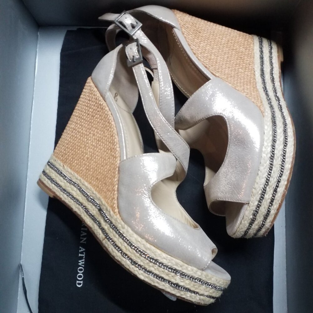 Brian Atwood size 8 Metallic Leather Platform Wedge Sandals with Rattan and Jute